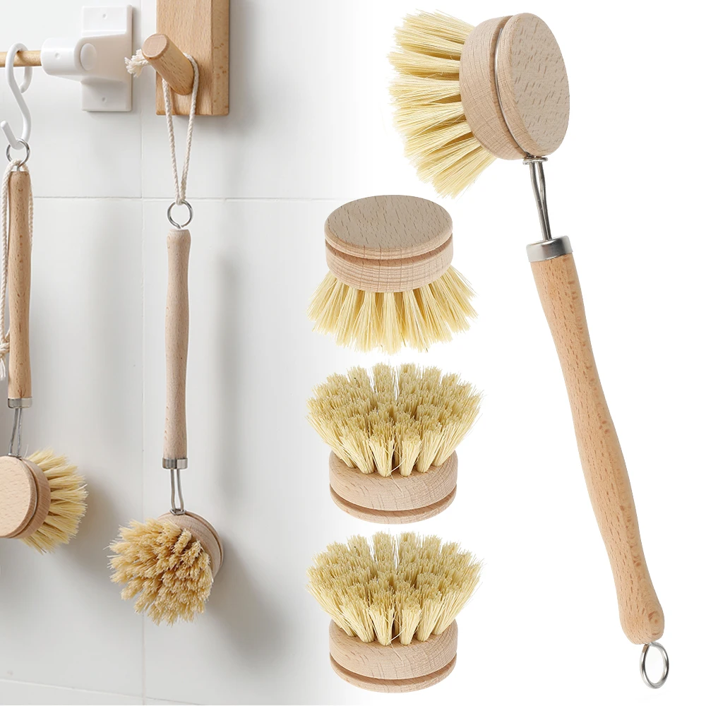 Wooden Dish Brush Natural Dish Brushing Tool Long Handle Pan Brush with 4 Replacement Brush Heads Durable Kitchen Cleaning Brush