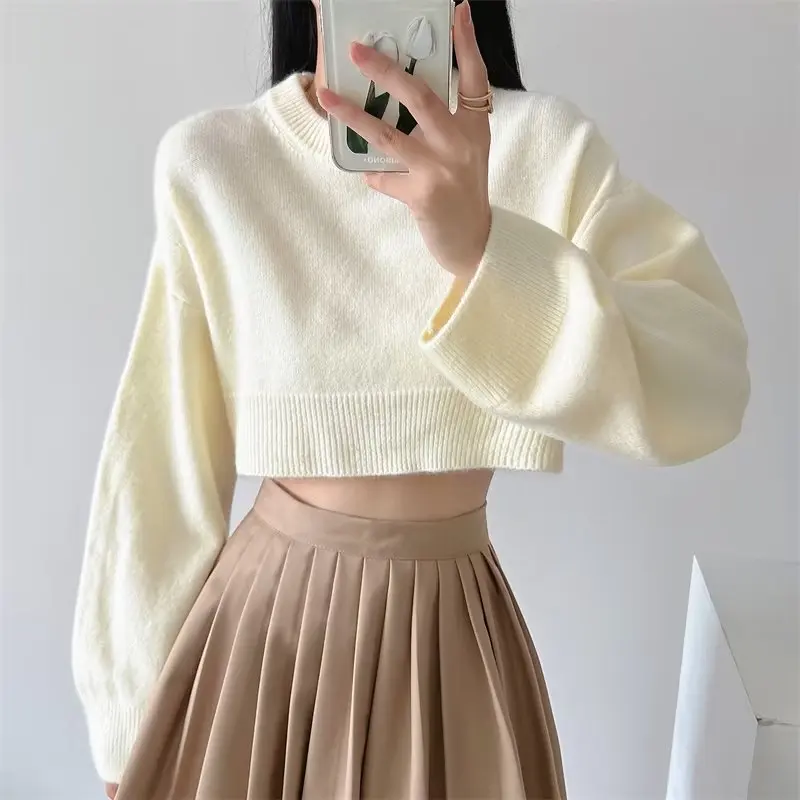 High-waisted Short Sweater for Women Korean Style Autumn Winter Solid Color Knitwear Loose Long-sleeved Tops Warm Clothing