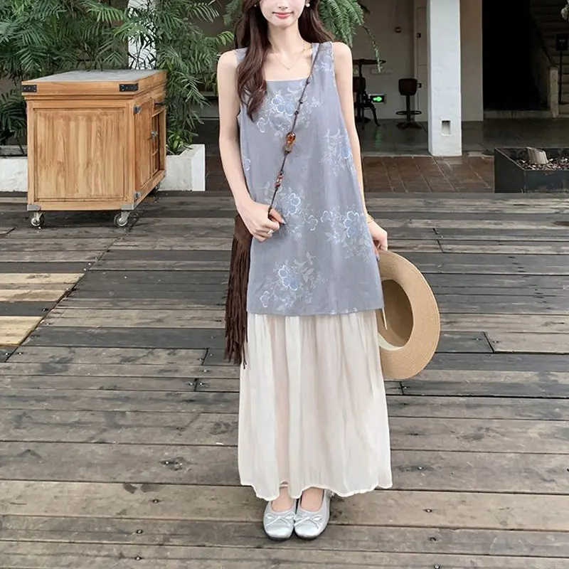 Folk Vintage Floral Printed Dresses Summer Stylish Patchwork Women's Clothing Square Collar Casual Straight Slip Long Dress New
