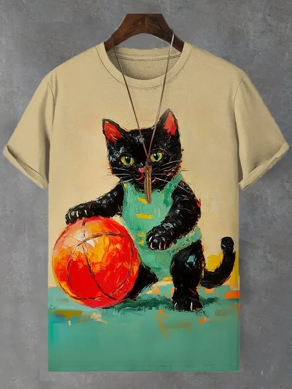 حجم كبير الكرتون الرجال تي شيرت القط الأكل البيتزا الفن ثلاثية الأبعاد بلايز الرجال النساء قصيرة الأكمام ONeck المحملة عادية الشارع Y2k ملابس علوية