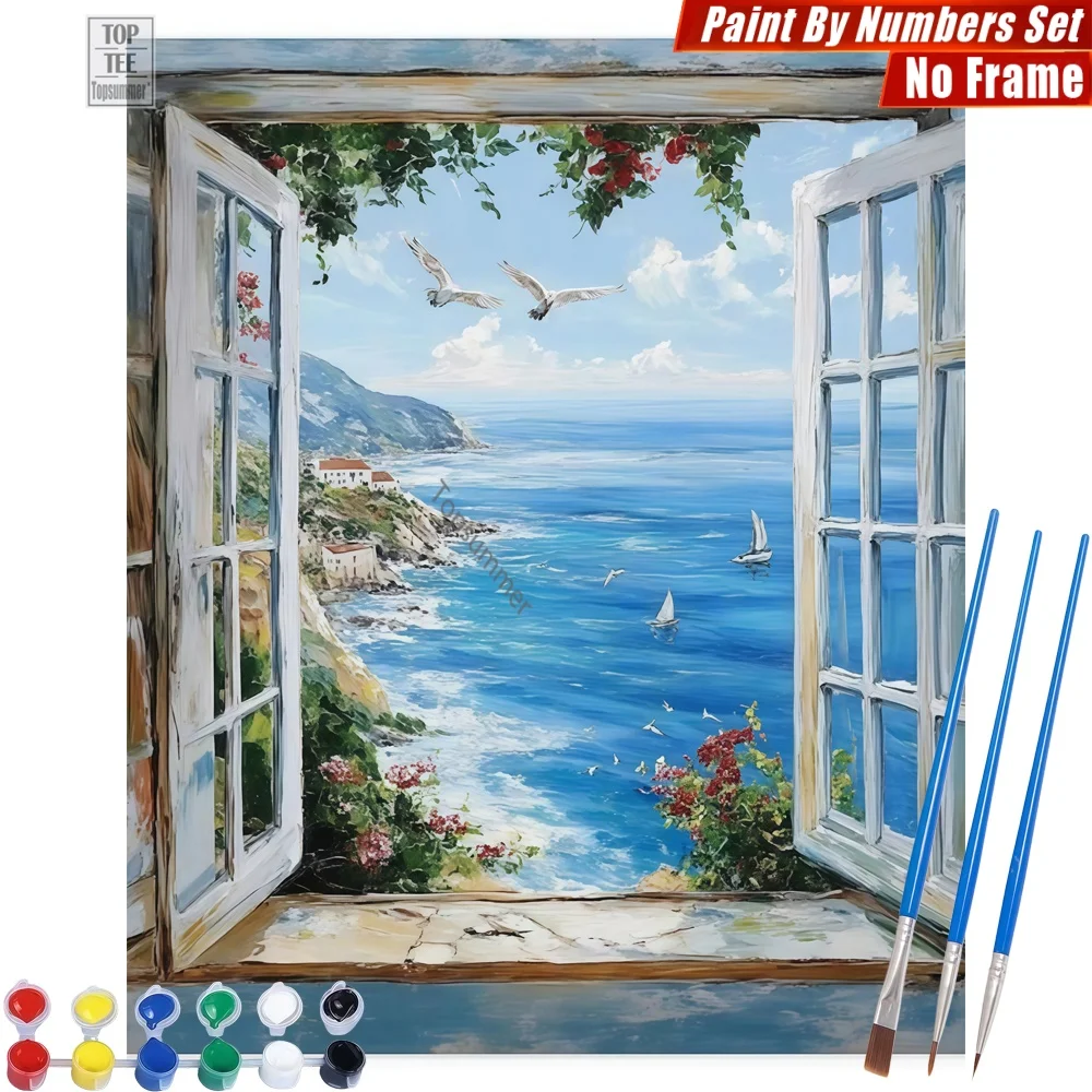 

Open window coast DIY Digital Oil Paints Set - View bright serene Home Bedroom Decor Mother'S Day Gift For Wife