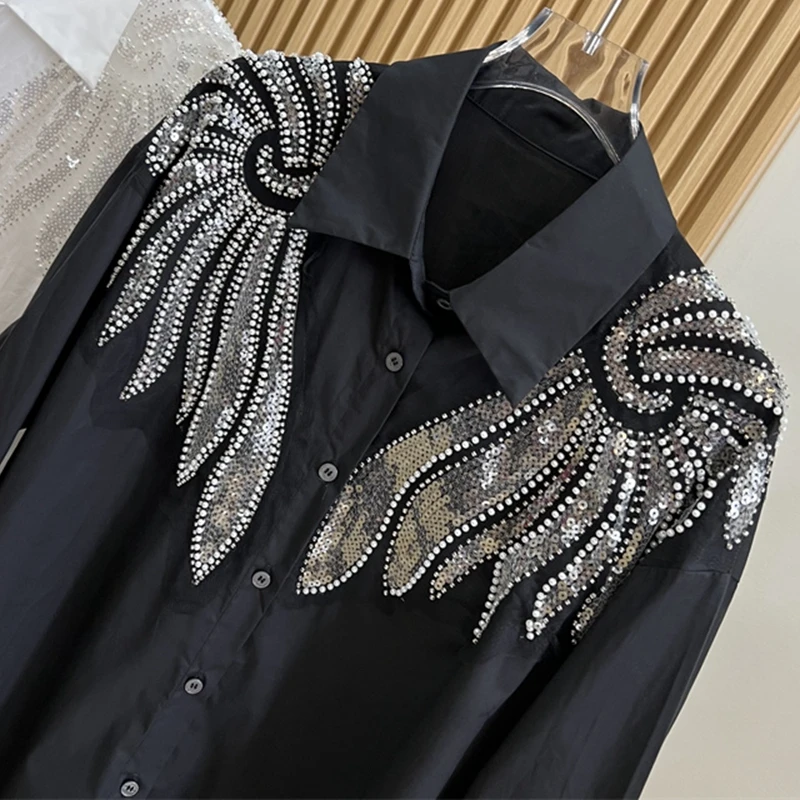 Luxury Sparking Wing Beaded Sequined Loose Shirts and Blouses for Women Autumn Spring Long Sleeve Long Top Female