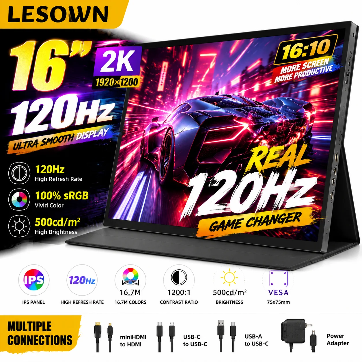 LESOWN 16" WUXGA Portable Gaming Monitor 120Hz VESA Mount External Display Driverless with Type-C for PS5