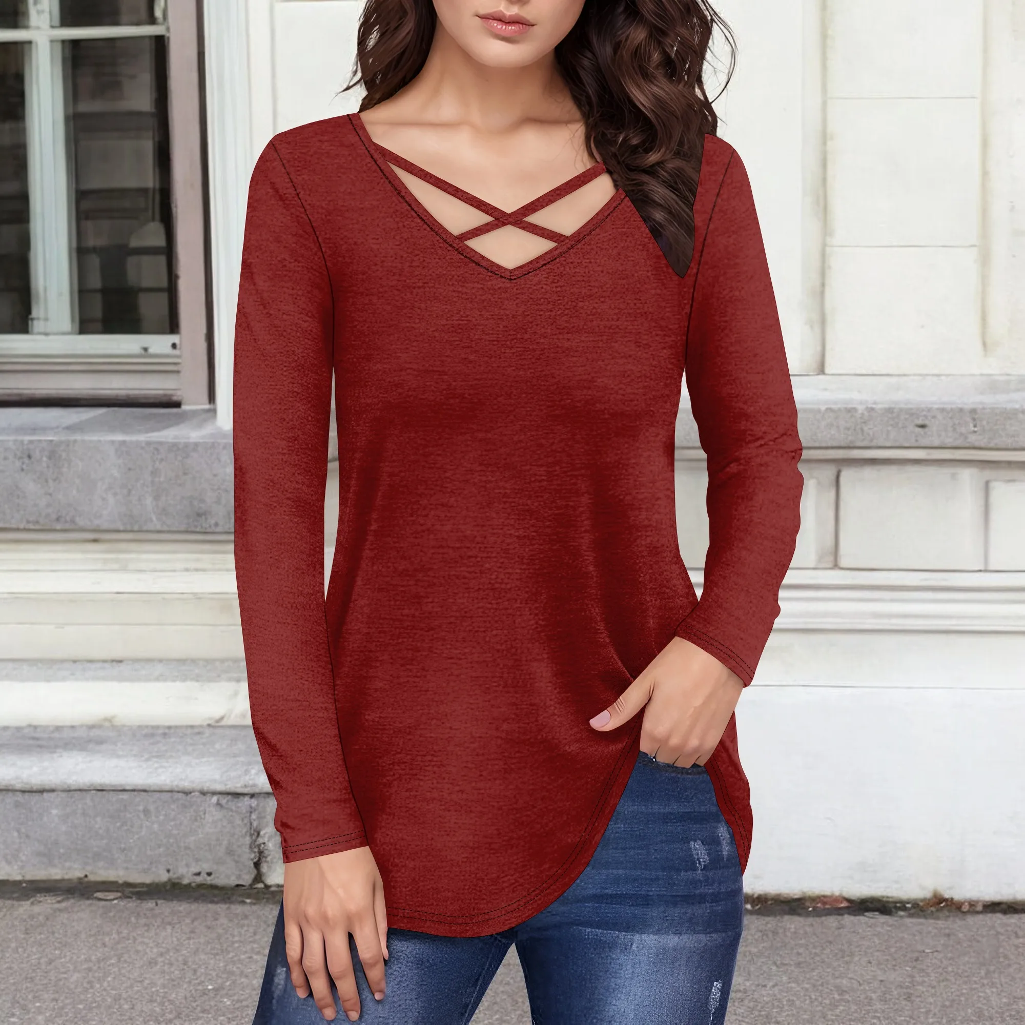 

Women's Short/Long Sleeve V Neck Criss Cross T-Shirt Tops
