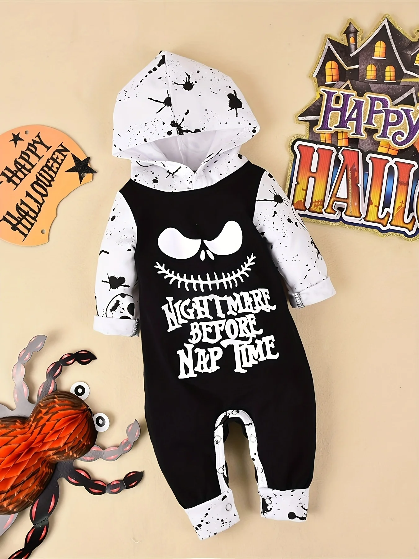 Halloween Newborn  Baby Boy Clothes Infant Baby Boy Romper Long-Sleeve Hooded Cotton Letter Print Nightmare Jumpsuit