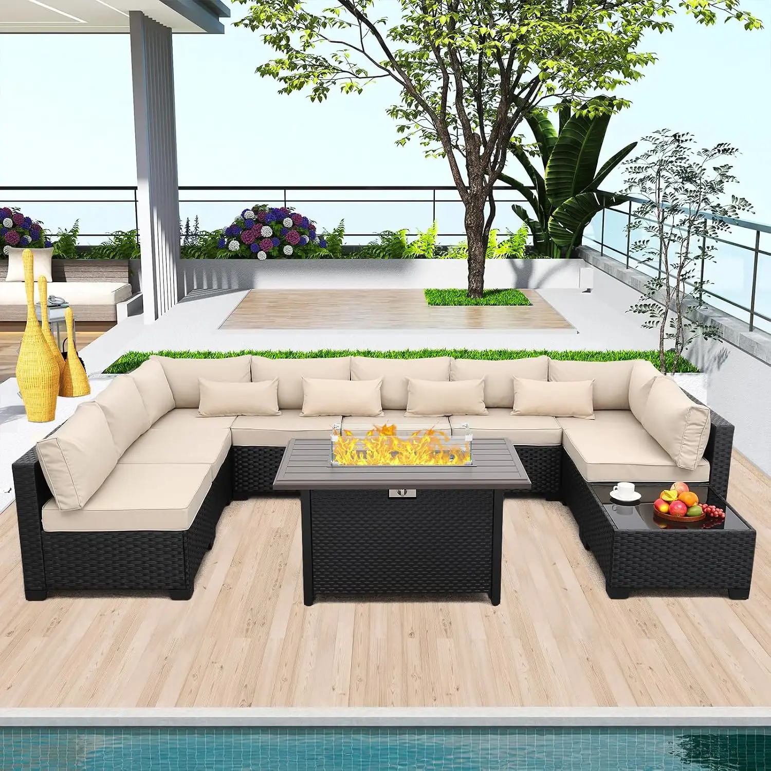 All-Weather Wicker Outdoor Sectional Sofa Set with Fire Pit Table Glass Table Non-Slip Cushions Waterproof Covers, Customized