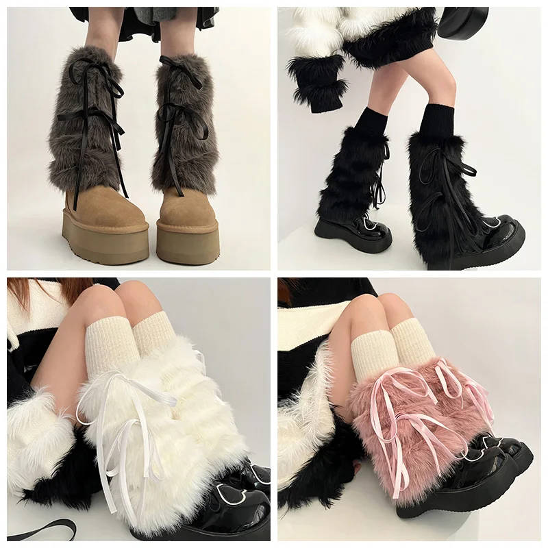 Girls JK Boot Cuffs Leg Warmers Women Winter Warm Harajuku Sweet Ribbon Bowknot Long Socks Furry Plush Boot Cover Party Costume