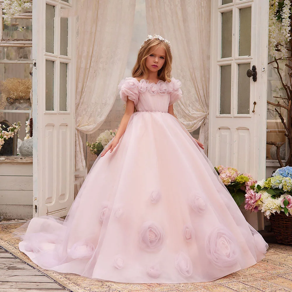 Pink Tulle Flower Girl Dress Wedding Applique Puffy Short Sleeves Princess Dress Birthday Party First Communion Ball Gown 2024