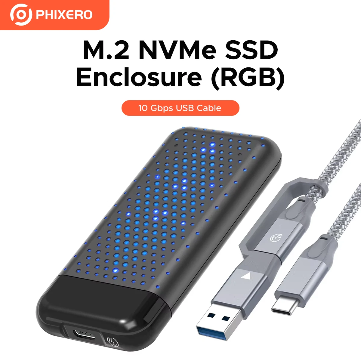 PHIXERO RGB M.2 NVMe SSD Enclosure, 10Gbps USB 3.2 Gen2 Type-C External Hard Drive Case, Max 4TB Tool-Free for Laptop/Phone