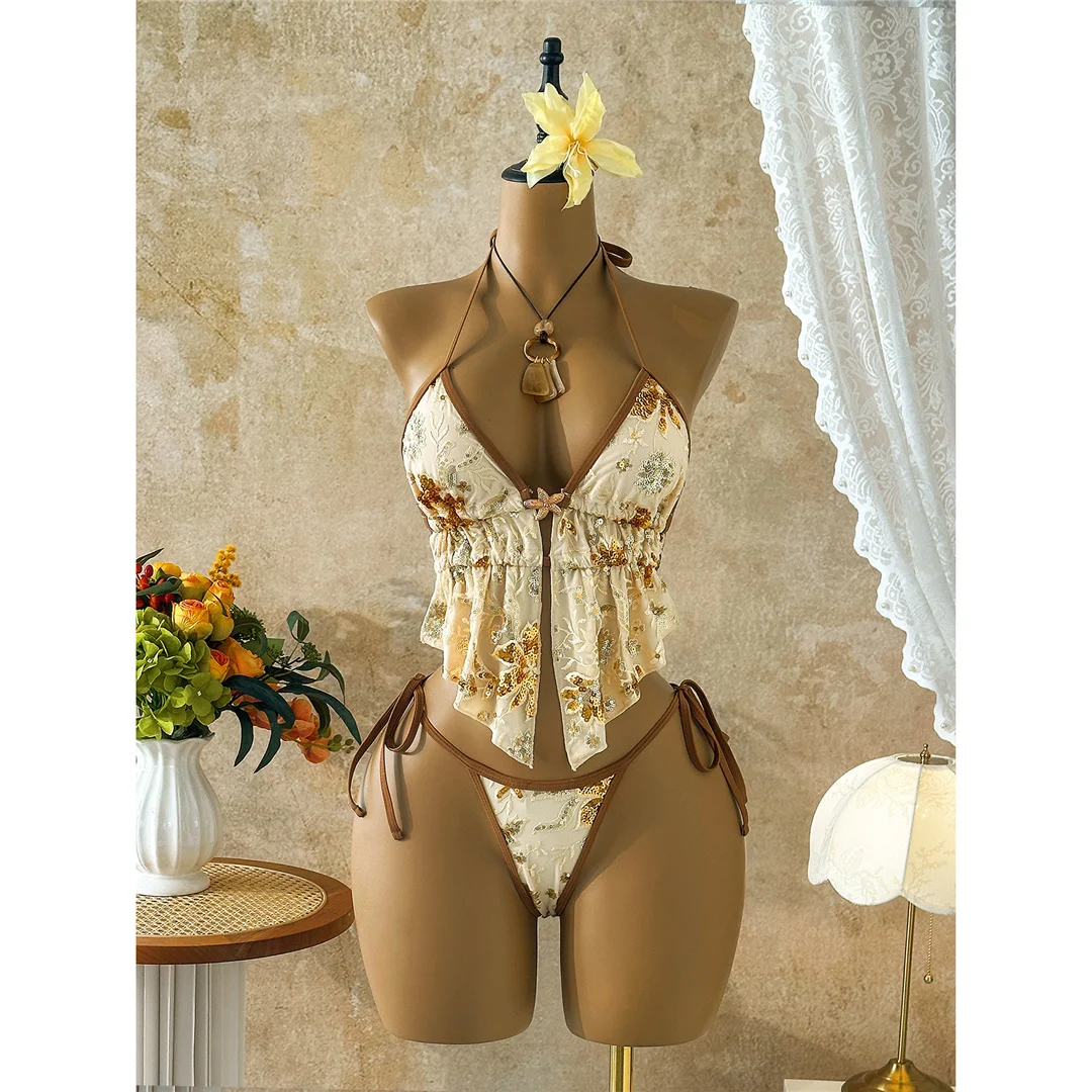 Glitzer-Pailletten-Bedruckter Tankini-Neckholder-Bikini Damen-Badeanzug Zweiteiliger Bikini-Set Badebekleidung Badeanzug Schwimmen V8067 – Detail 6