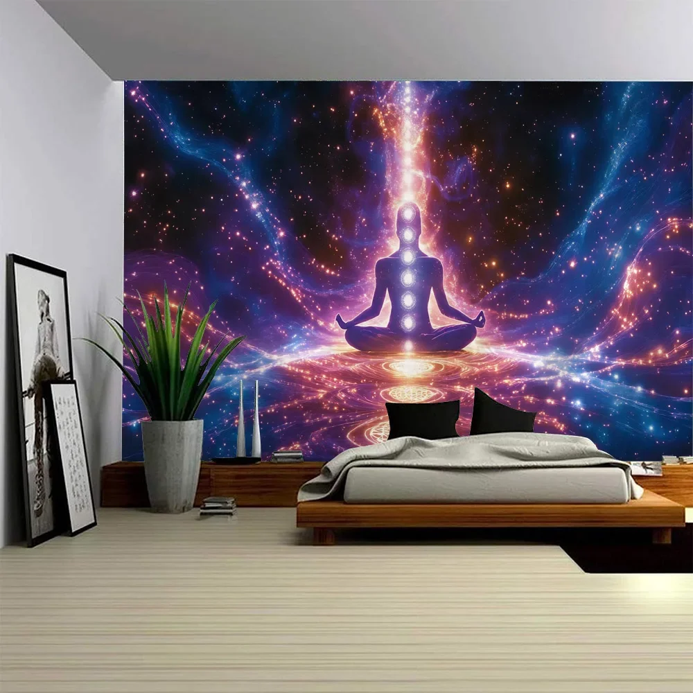 Psychedelic Starry Sky Tapestry Buddha Meditation Background Wall Hanging Fabric Mural for Home Studio Decoration Bed Sheet