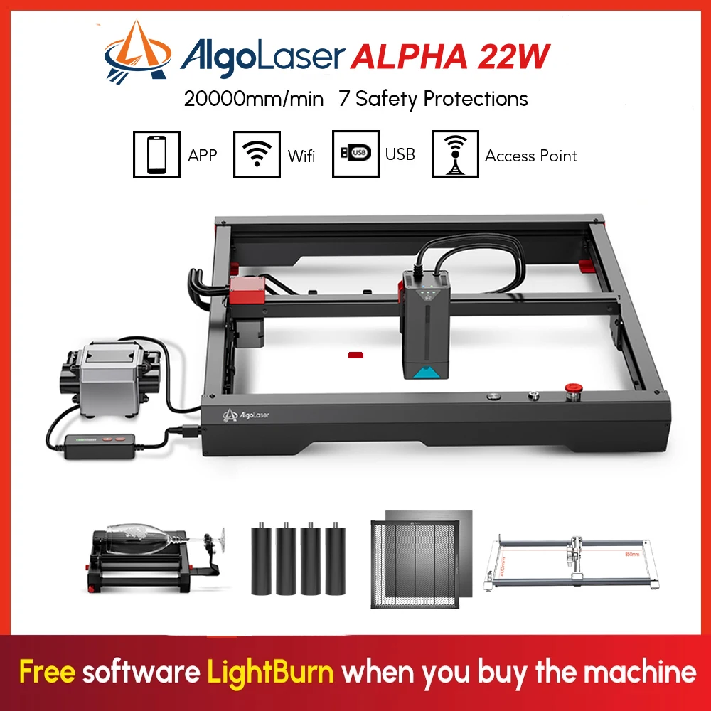 AlgoLasLaser Alpha 22W Laser Engraver Air Pump Engraving Platform Extension Kits Y-axis Rotary Roller Cutting Tool Desktop Metal