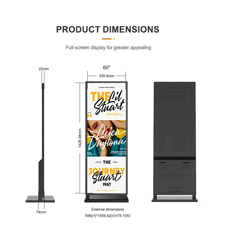 Full Screen Vertical Digital Signage Display Floor Standing Advertising Player 4K Android Stretched Bar