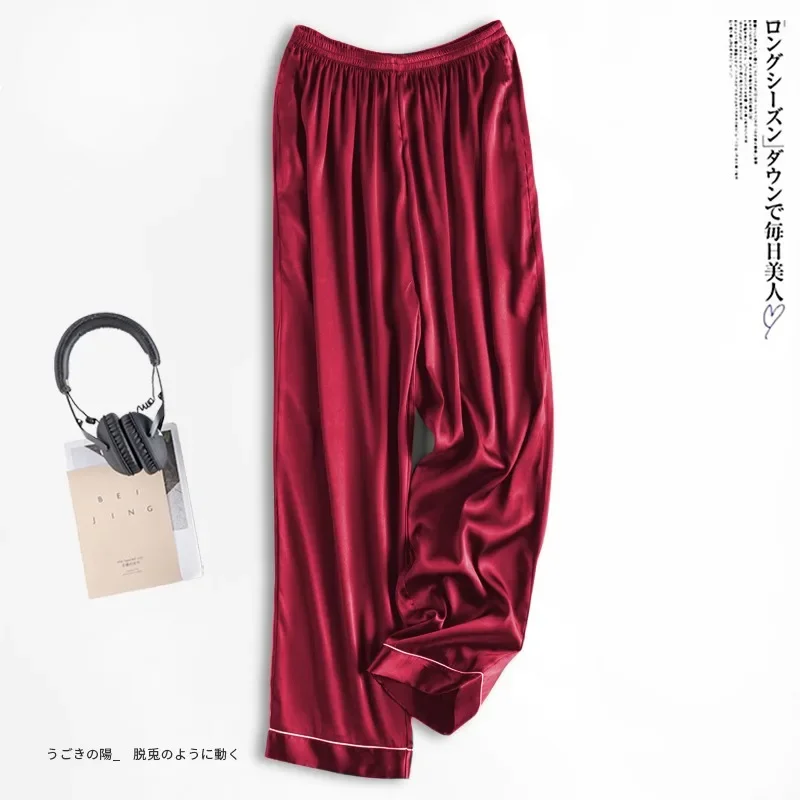 Spring Summer Satin Sleep Wear Women Pajama Solid Loose Sleeping Bottoms Ice Silk Pant Female Calf-Length Pants Lounge Home Wear