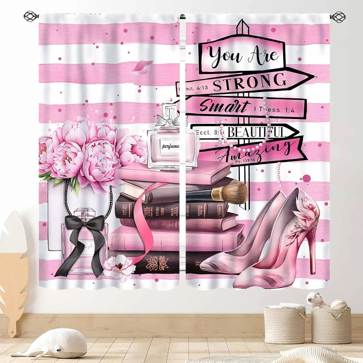 Modern Curtains for Girls Women Room, Pink Stripe Perfume High Heels Magazine Books Rose Floral Cosmetics Makeup Modern 2 Panels