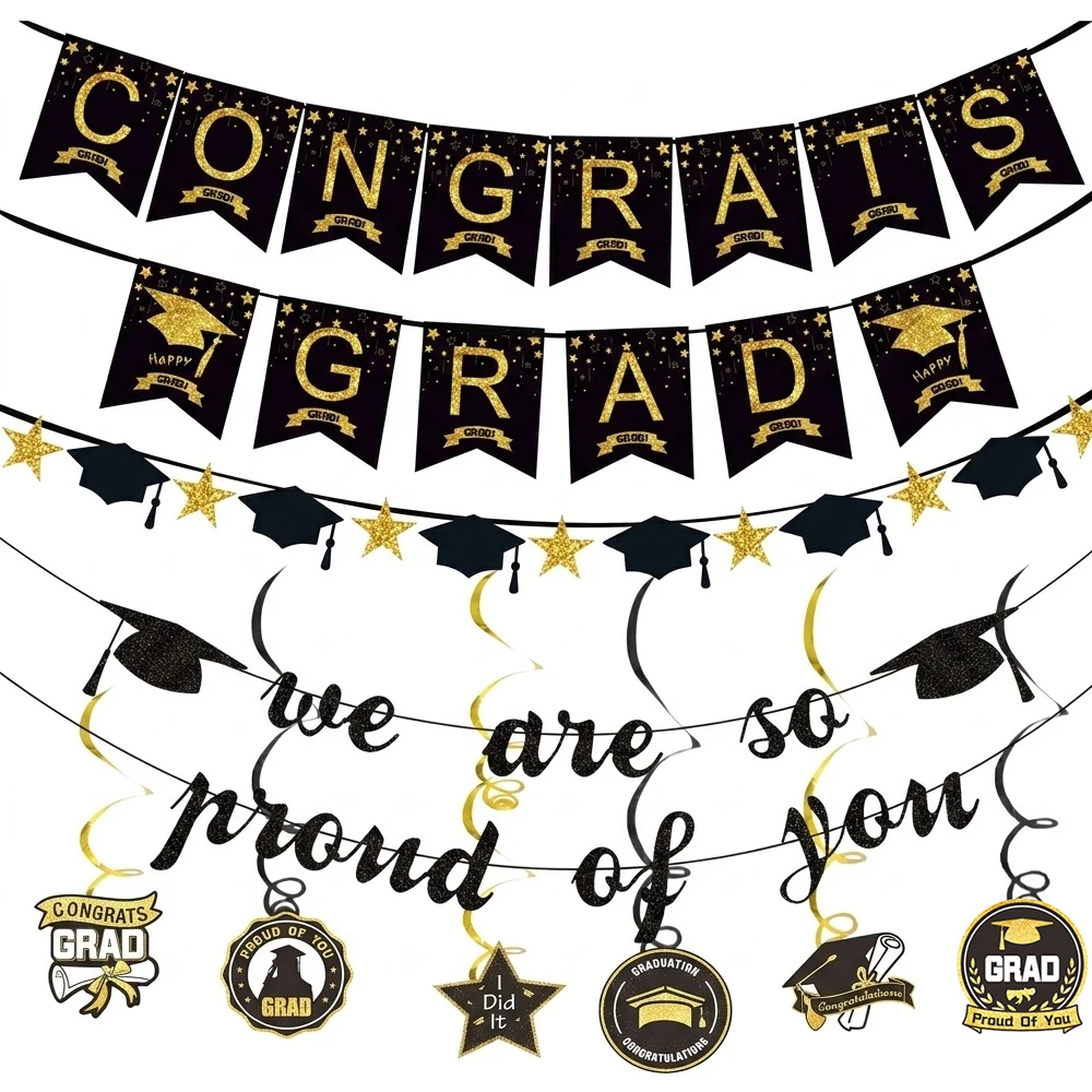 Kit de Décoration de Fête de Remise des Diplômes Noir et Or – Bannière « Félicitations, Diplômé ! », Guirlandes Spirales Suspendues – Événement Lycée et Université – Fournitures de Remise des Diplômes 2026