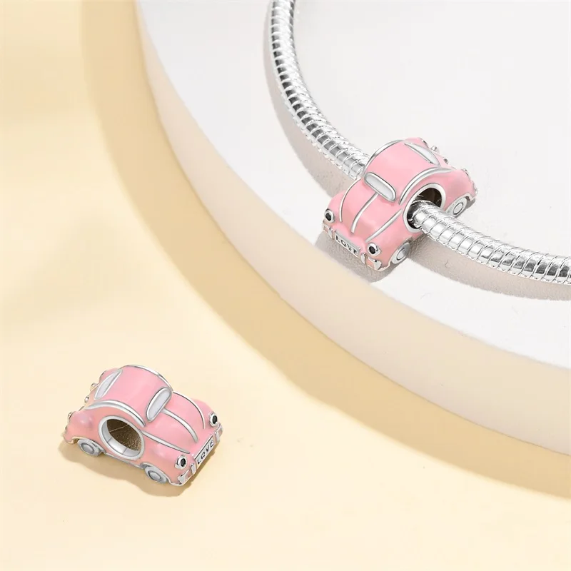 Plata De Ley 925 Silver Pink Car Cat Swing Purple Camera Charms Beads Womens Original Bracelets DIY Jewelry Pendant Fine Gifts