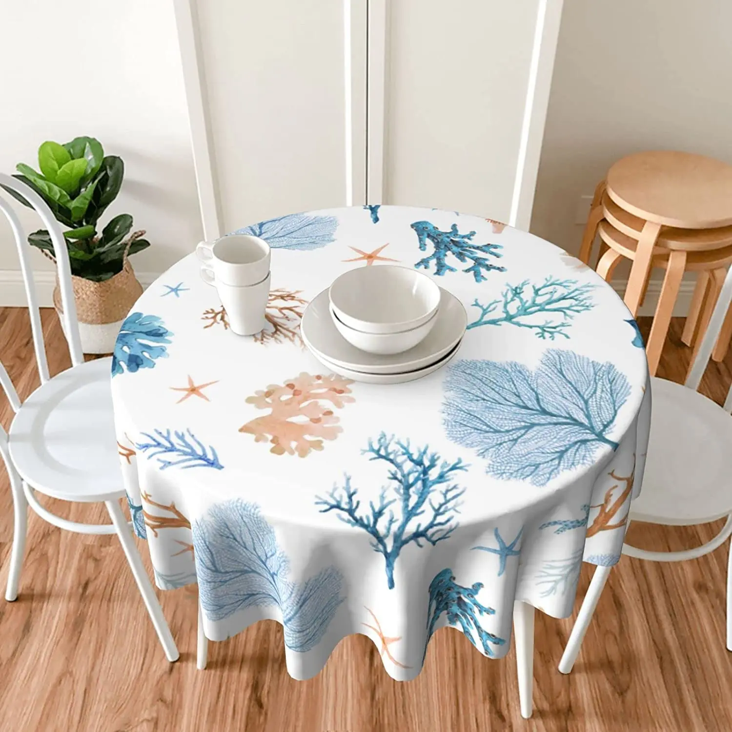 Coastal Beach Tablecloth Round 60 Inch Waterproof Polyester Washable Circle Ocean Starfish Coral Table Cloth Table Cover