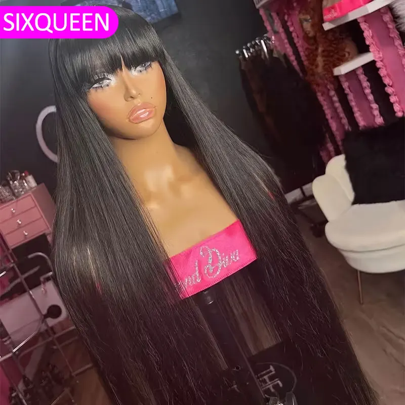 Straight Human Hair Wig with Bangs 220% Density 36 inch Wear and Go Full Machine Wigs Virgin Human Hair for Black Women Beginner Friendly