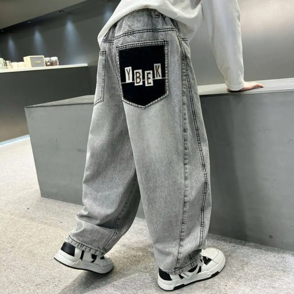 Light Grey Boys' Denim Pants Spring Autumn Casual Relaxed Fit Medium To Large Kids Jeans