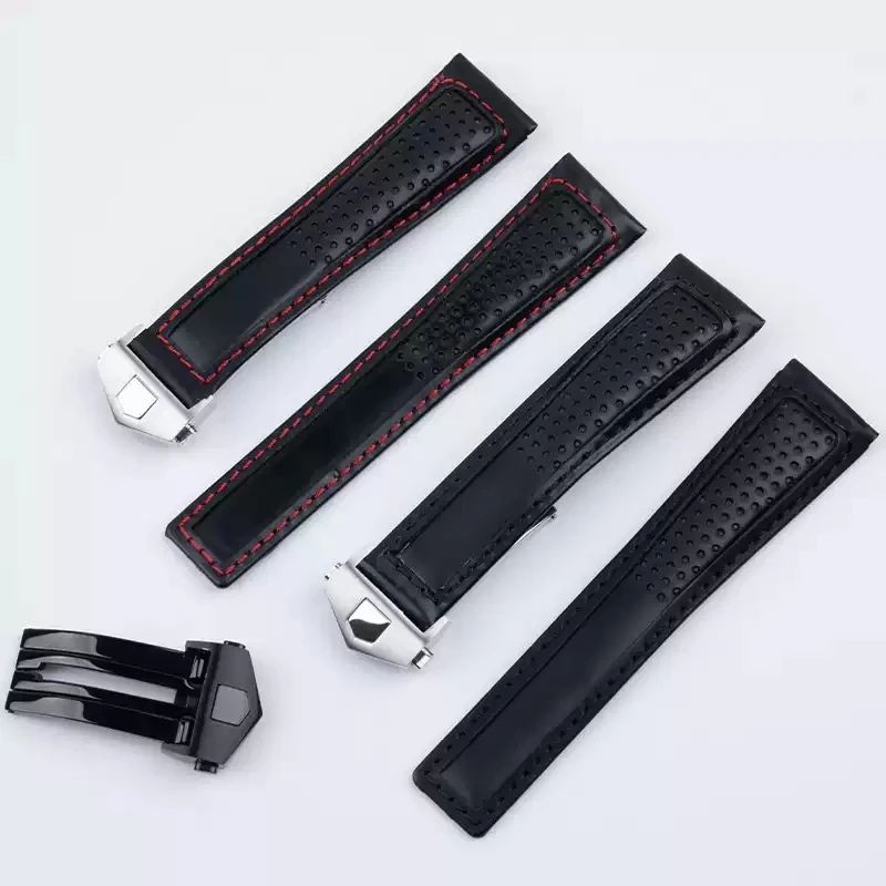 

22mm Genuine Leather Watch Band For Tag Heuer Carrera diving Monaco F1 Series Breathable Black Watch Chain Men Watch Strap