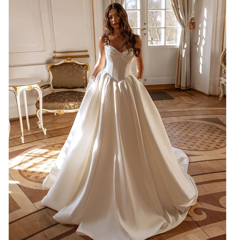 ZOCI Elegant Wedding Dress Taffeta With Princess Ball Gown Strapless Sleeveless Bride Dress Button Robe MariéE Satin Vintage