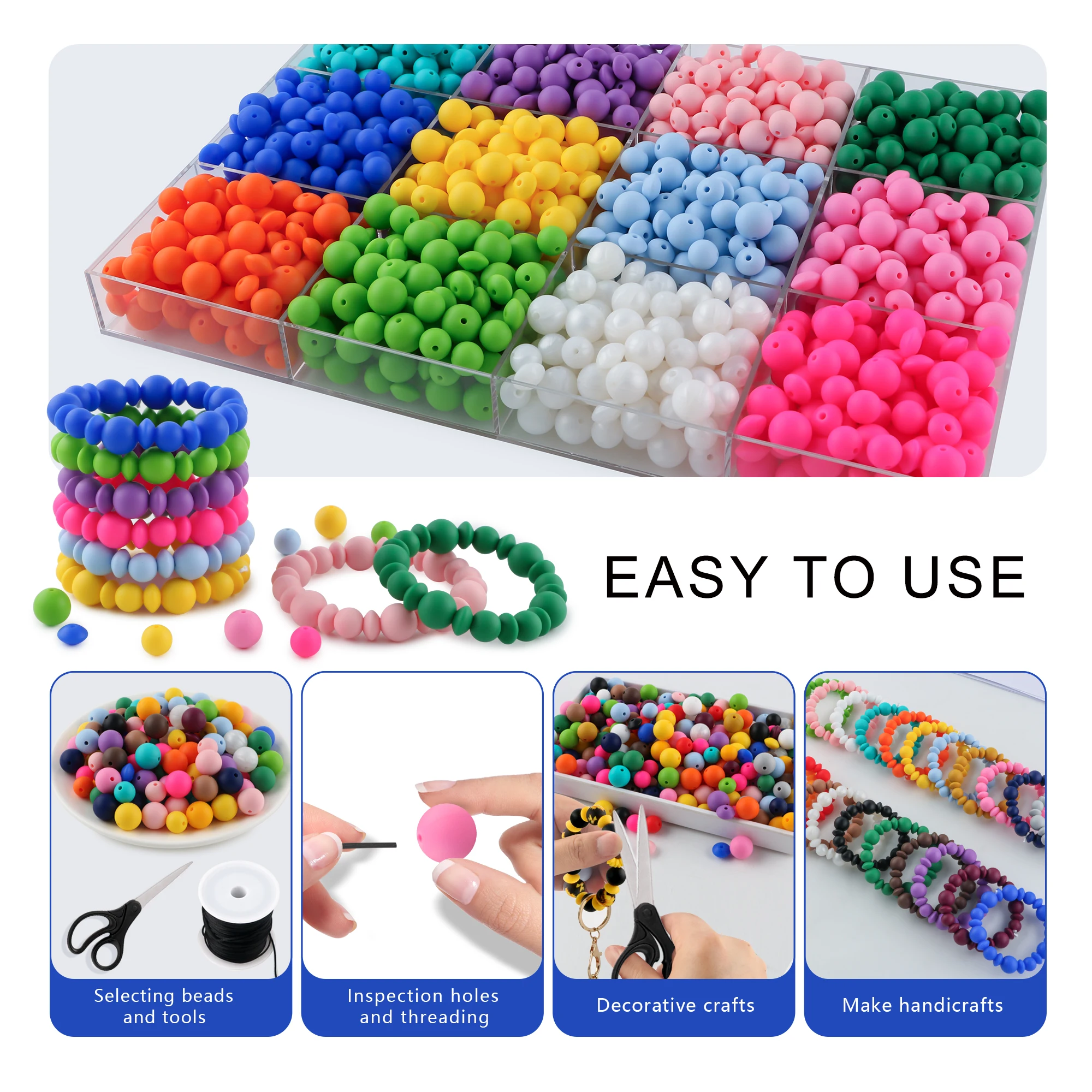 200pcs/Lot Solid color 12/15mmSilicone Round Beads/Spacer Bead Combination Set For Jewelry DIY Bracelet Keychain Pen Accessories