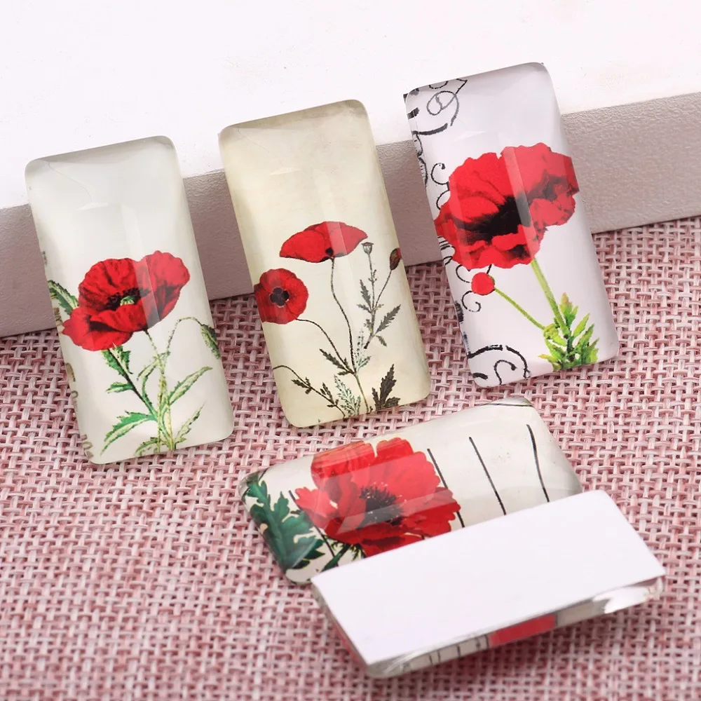 onwear 20pcs 19x38mm rectangle glass cabochon mixed poppy flower photo domed flatback jewelry findings for pendant making