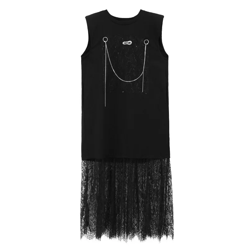 Tannt femmes robe dentelle Patchwork irrégulière couleur correspondant t-shirts robes asymétrie sans manches mode longues robes d'été 2025