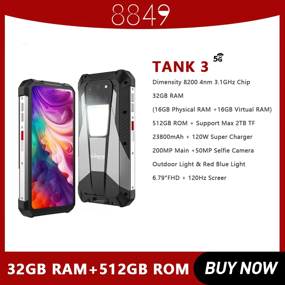 Unihertz 8849 Tank 3 Rugged Smartphone Android 14 23800mAh 5G Outdoor Cell Phone Unlocked 32GB +512GB Phone Dimensity 8200 CPU