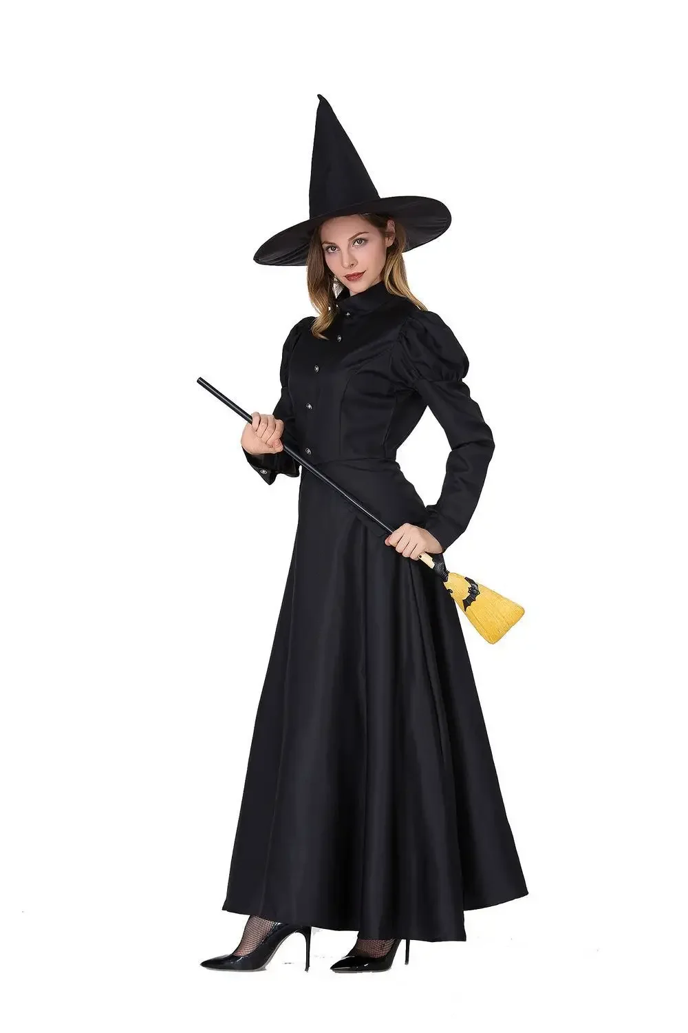 

Women Deluxe Wicked Witch Costume Black Full Length Dress Halloween Classic Witches Cosplay Costumes