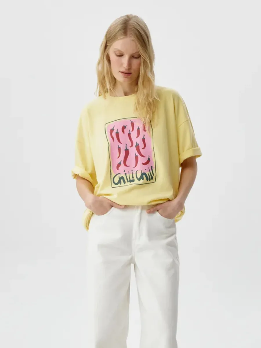 Vintage Lemon Salt And Pepper Print Loose Short Sleeve T-Shirt Women's Street Style Cotton Casual Summer Top Yellow Color