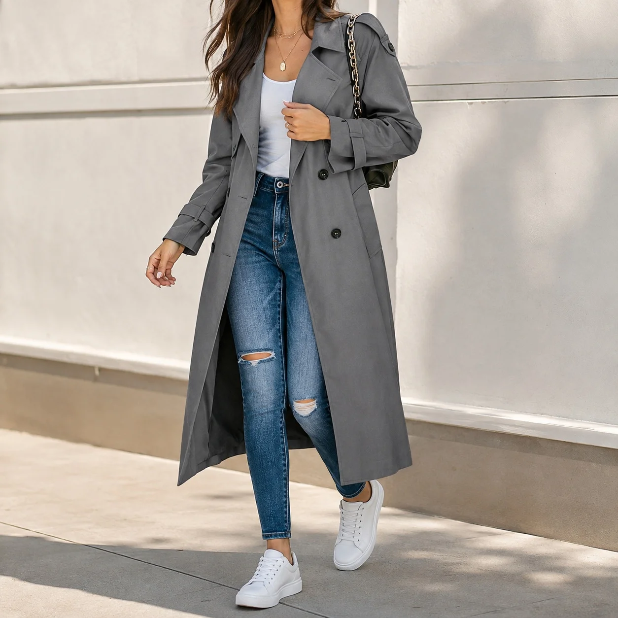 Belt Long Sleeve Belt Mid Length Elegant Commute with Patchwork Medium Thickness Fall Trench Coat Casual Mid Long Coat for Women