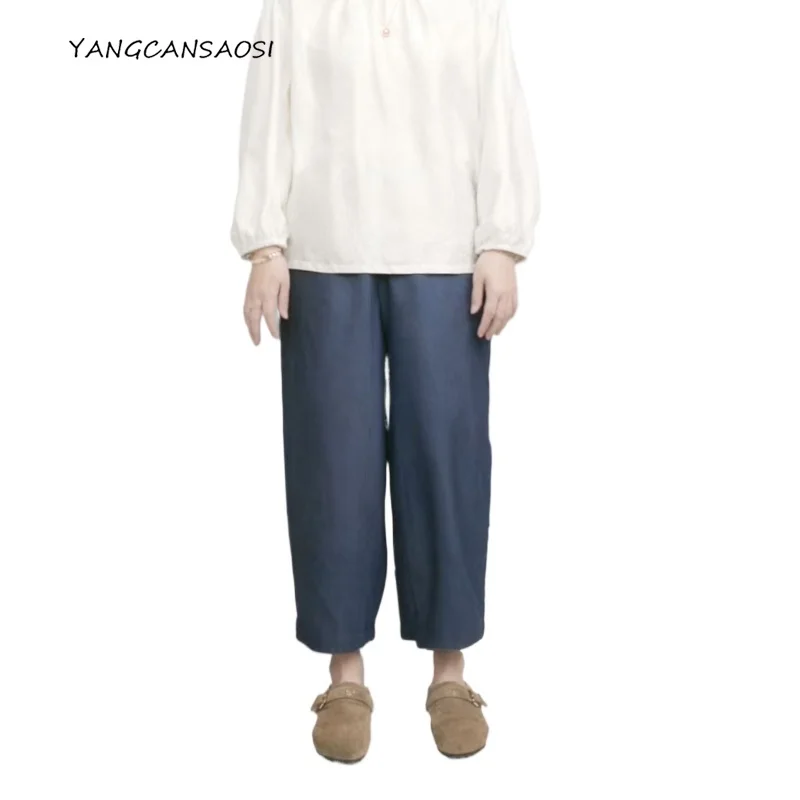 2025 Early Autumn New Women's Fashionable 100% Natural Oak Silk Blue Elastic Waist Versatile Pocket Design Casual Pants