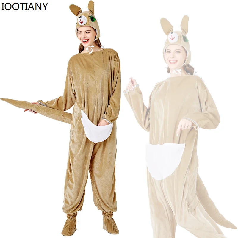 Adult Halloween Kangaroo Hooded Bodysuit Animal Cosplay Kangaroo Stage Performance Costumes Women Carnival Pajama Party Dress Up