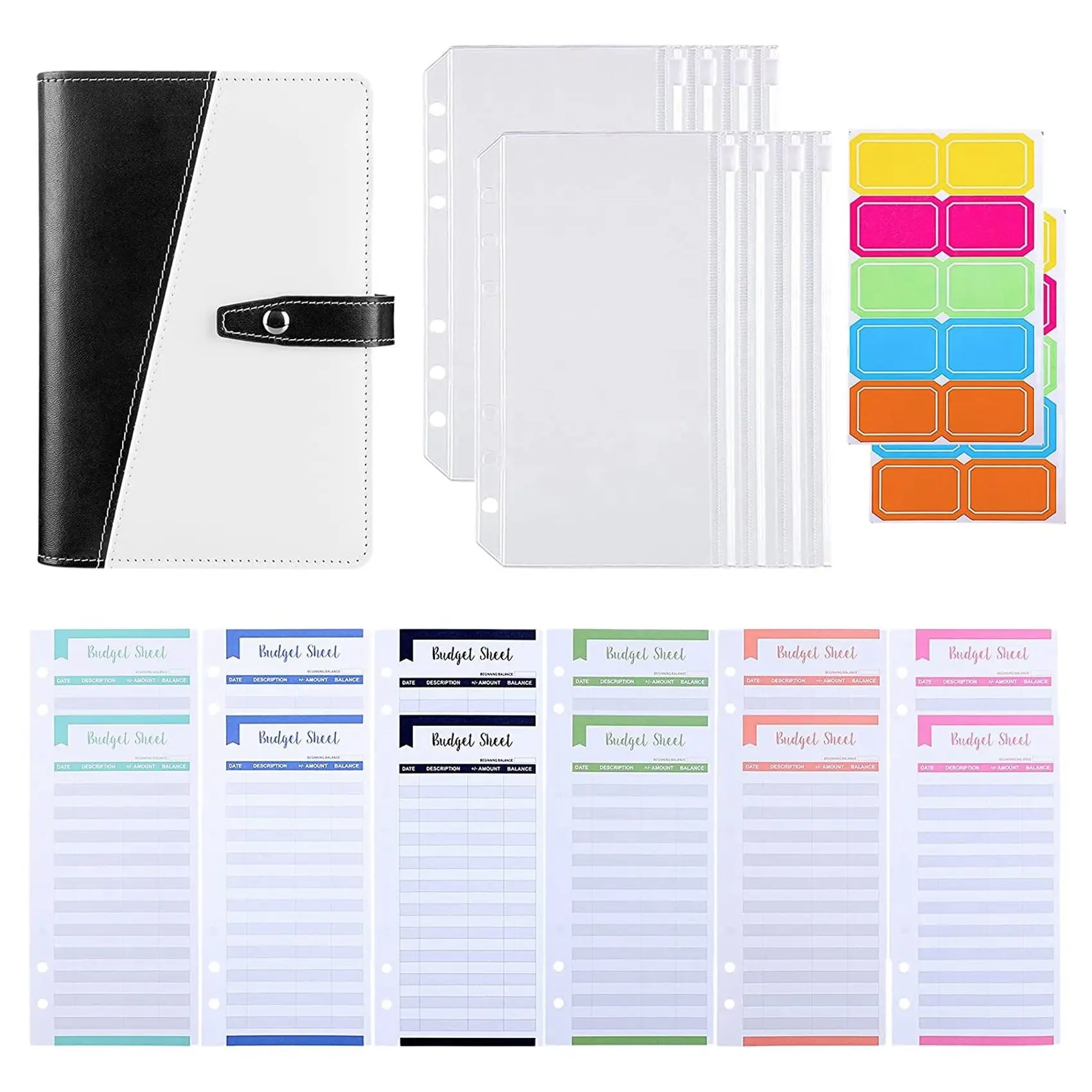 A6 Binder Cover Set with A6 Binder Pockets Expense Budget Sheets Sticker Labels for Money Saving Cash Envelopes System B