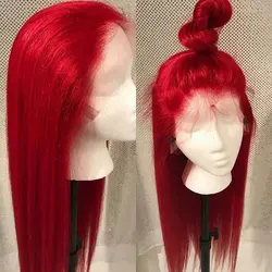 Perruque Lace Front Wig synthétique lisse rouge vif bomshell, Fiber résistante à la chaleur, naissance des cheveux naturelle, sans raie pour femmes