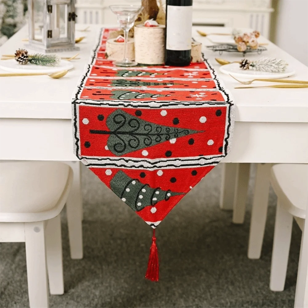 

Creative Tassel Christmas Table Runner Long Rectangle Table Cover Snowman Printed Knitted Cloth Tablecloth Banquet