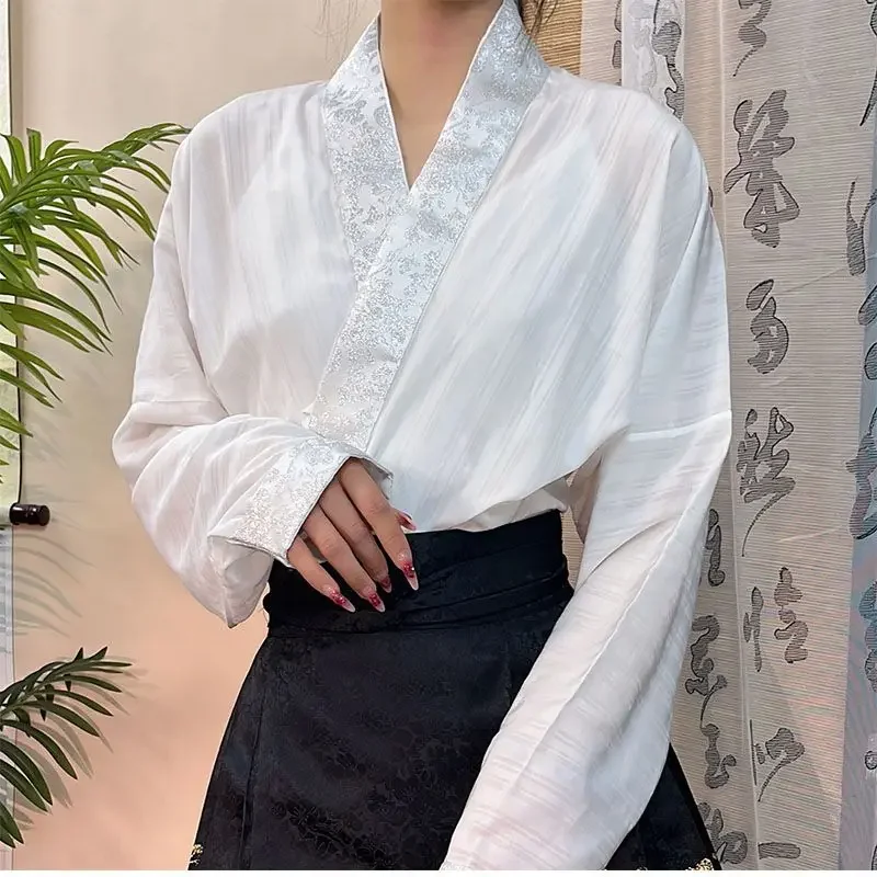 Autumn Traditional Chinese Black White Cross Collar Gold Woven Aircraft Sleeve Hanfu Shirt Women\'s Song Dynasty Cospaly Top