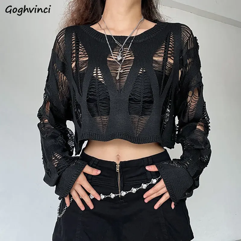 Hollow Out Pullovers Women Black Autumn Streetwear Personality Casual Loose Korean Style Fashion Solid Sexy Knitwear New Grunge