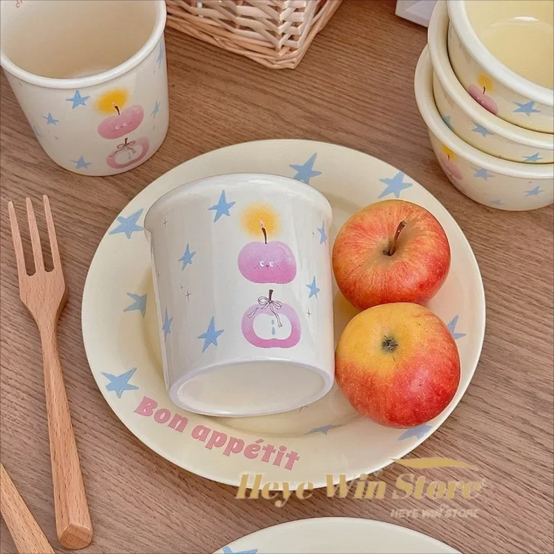 Korean Cream Yellow Star Pattern Tableware Ceramic Soup Plate, Salad Bowl, Dining Plates Sets Heat Resistant Microwave Safe Use