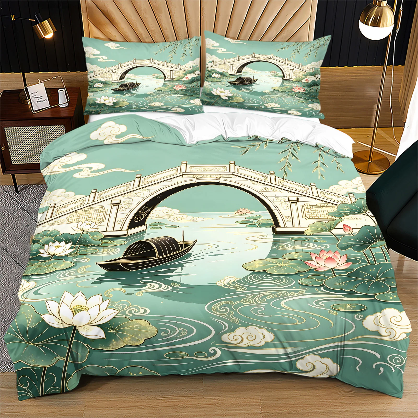 Chinese Style Ancient Landscape Duvet Cover Set Stone Bridge Lotus Boat Print Soft Bedding Set with Pillowcases for Bedroom Dec