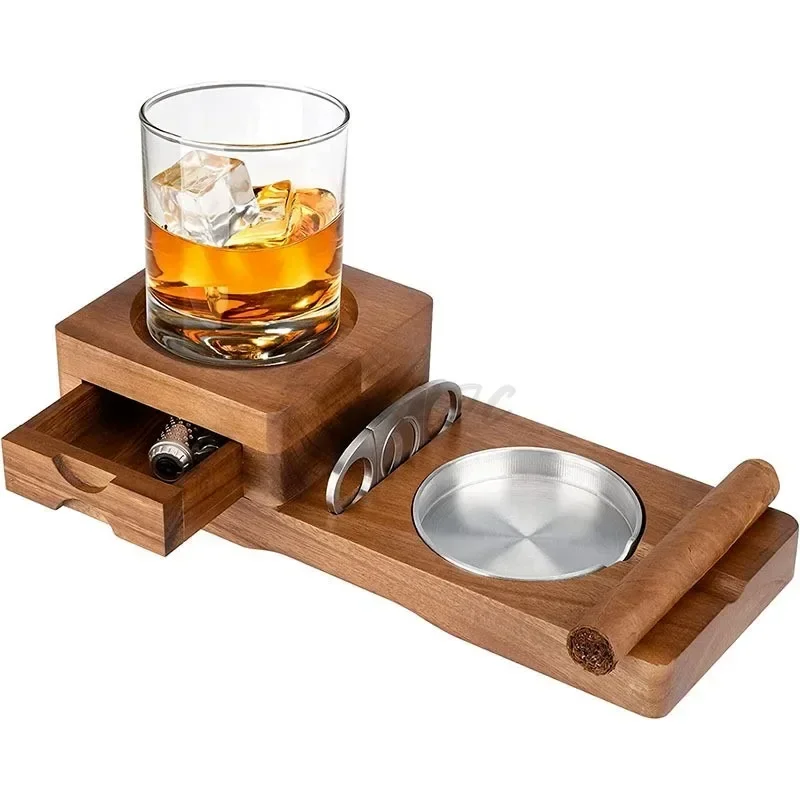 Household Simple Portable Whiskey Glass Stand Wooden Drawer Cigar Ashtray Decoration