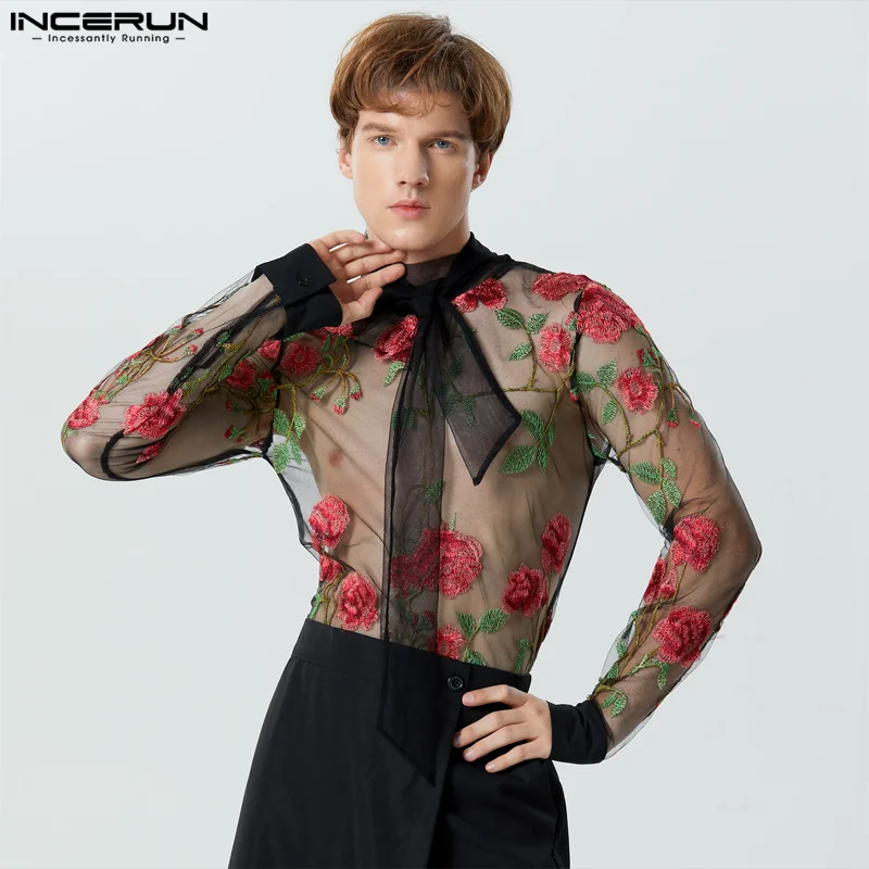 INCERUN Men T Shirt Flower Embroidery Turtleneck Long Sleeve Men Clothing Streetwear 2023 Tie Up Transparent Camisetas S-5XL