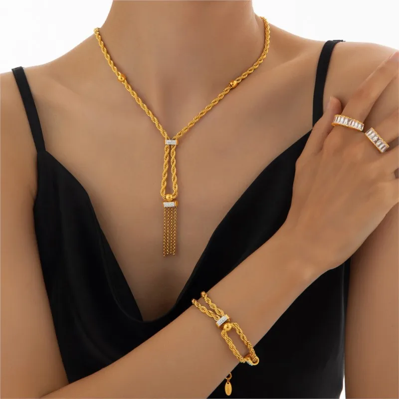 Tassel Pendant Fried Dough Twist Chain Necklace Bracelet For Women Stainless Steel Gold Plated Women\'s Bracelets Necklaces Set