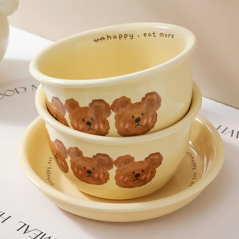 Cute Bear Tableware Korean Ins Style Ceramic Bowl Set Croissant Plate Dish Soup Bowl