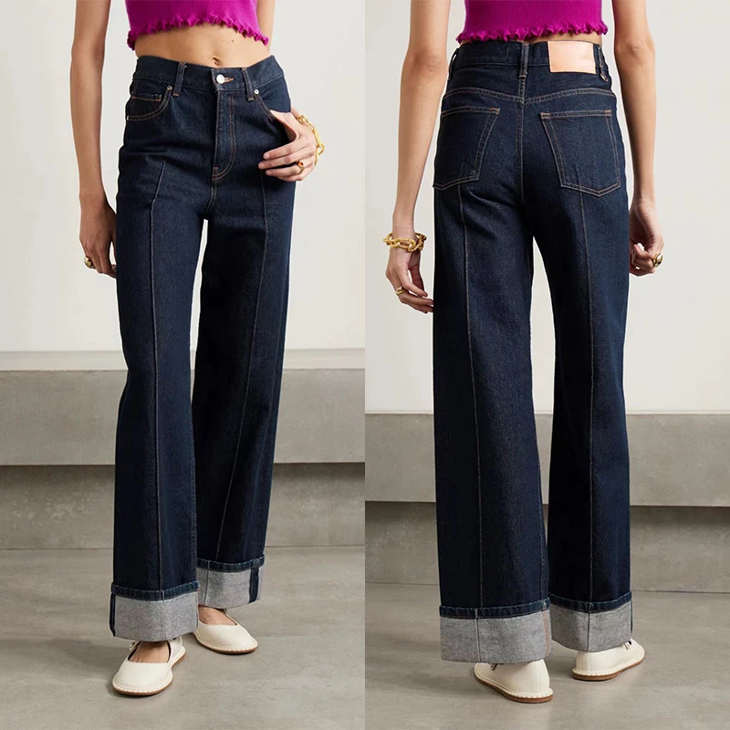 

Jeans For Women 2024 Spring/Summer Dark Blue Denim High-Waisted Wide-Leg Cuffed Hem Contrast Stitching Casual Style