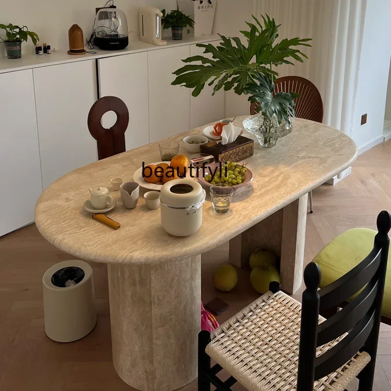 French Natural Ultra-white Travertine Dining Table Oval Marble Dining Table Retro Square Dining Table