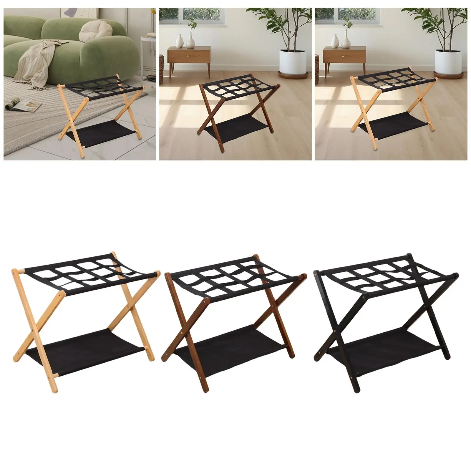 Luggage Rack,2 Layers,Space Saving,with Storage Shelf Bamboo Suitcase Stand Folding Luggage Stand for Guest Room Bedroom Travel