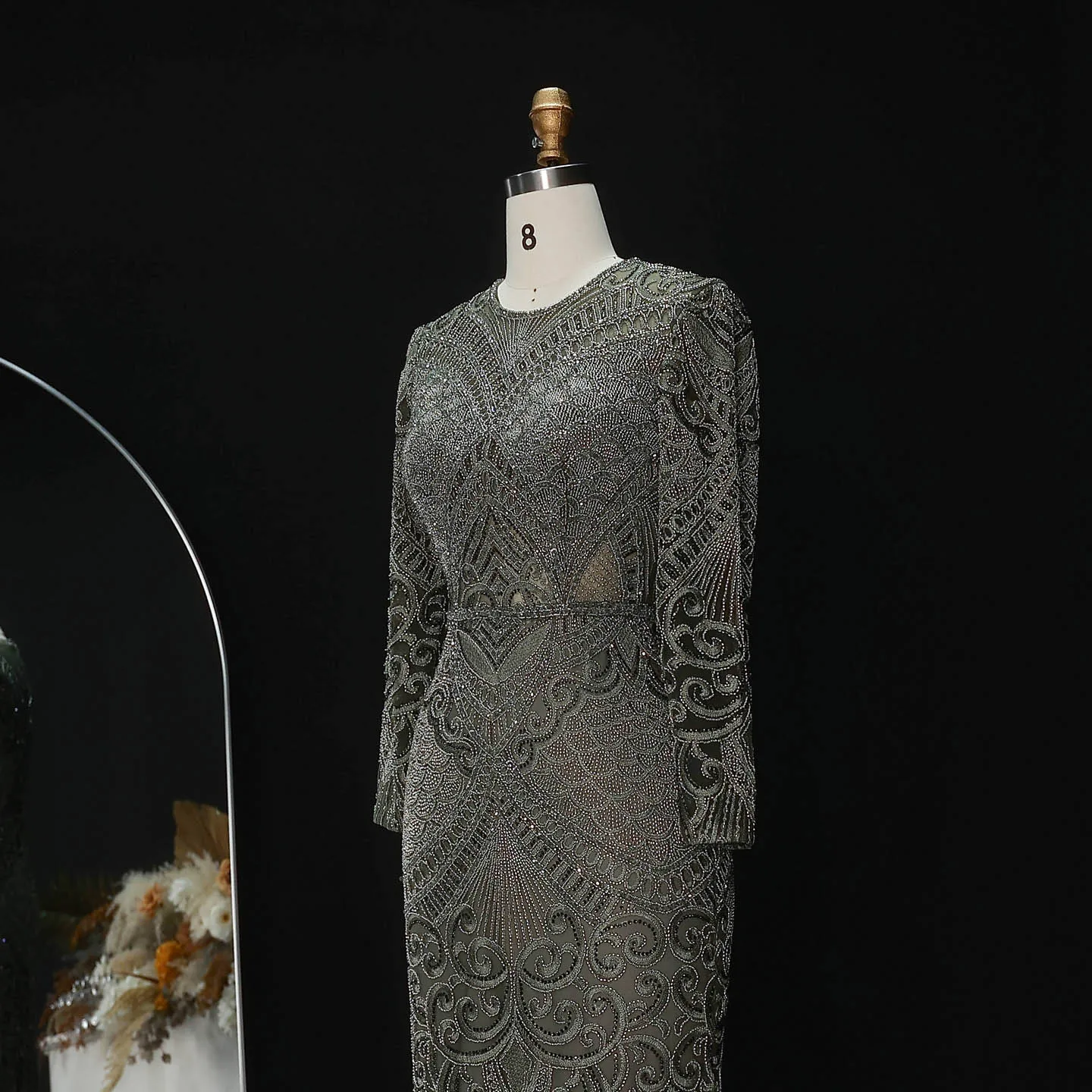 Sharon Said Dubai Übergröße Schwarzes Langarm-Paillettenkleid mit Perlen, Meerjungfrauen-Abendkleid, Saudi-Arabisches Damen-Ballkleid SS056 Maßanfertigung – Detail 8